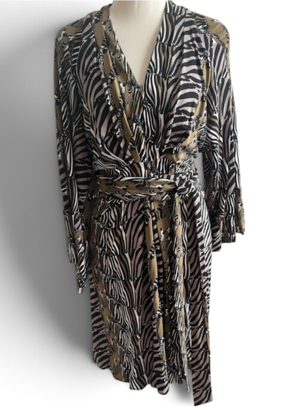 Banana Republic Black & Olive Zebra Wrap Dress Size 10 runs small